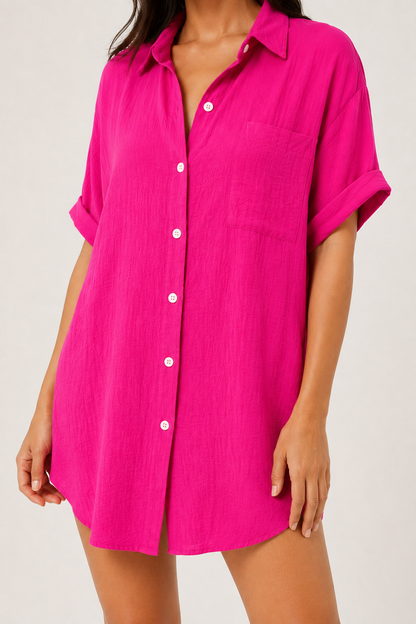 Womens bright cerise pink short sleeve button down collared shirt dress