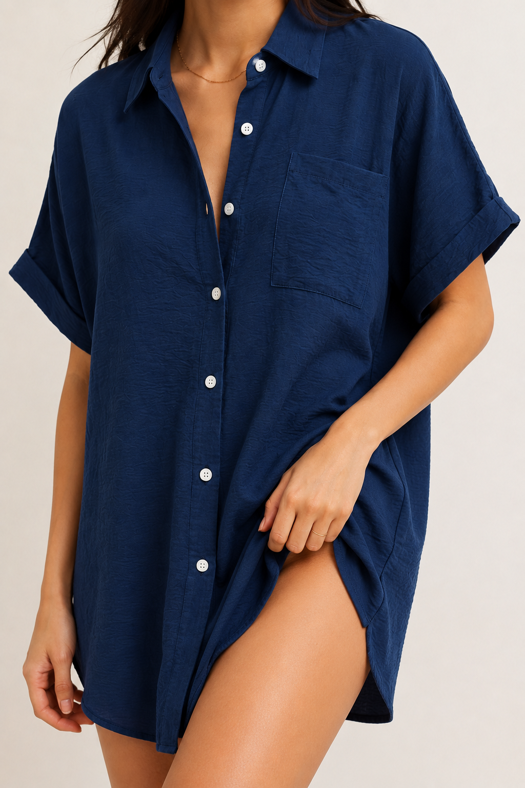 Womens dark midnight navy blue short sleeve button down collared shirt dress