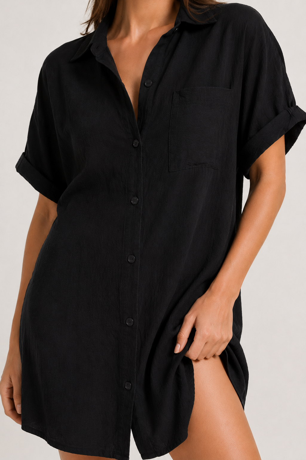Womens solid onyx black short sleeve button down collared shirt dress