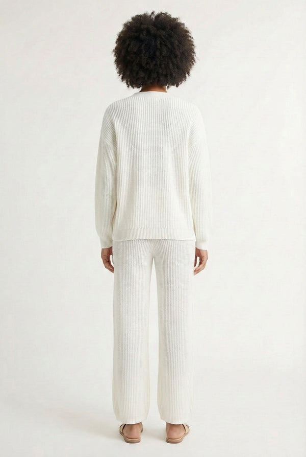 LOHNR The Anura Set in Ivory, a premium smooth sweatshirt lounge set featuring a deep V-neck cardigan and wide-leg pants