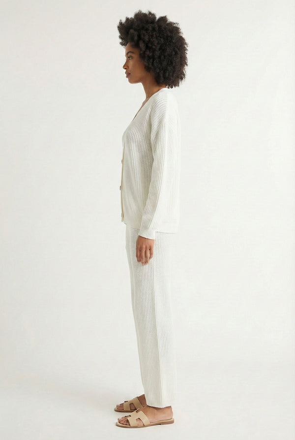 LOHNR The Anura Set in Ivory, a premium smooth sweatshirt lounge set featuring a deep V-neck cardigan and wide-leg pants