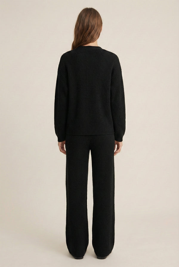 LOHNR The Anura Set in Raven, a premium smooth sweatshirt lounge set featuring a deep V-neck cardigan and wide-leg pants