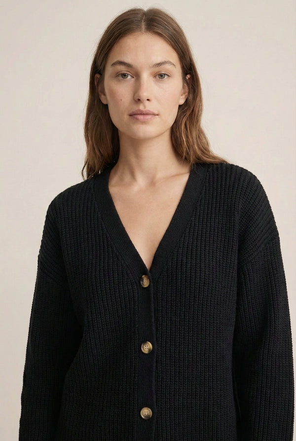 LOHNR The Anura Set in Raven, a premium smooth sweatshirt lounge set featuring a deep V-neck cardigan and wide-leg pants