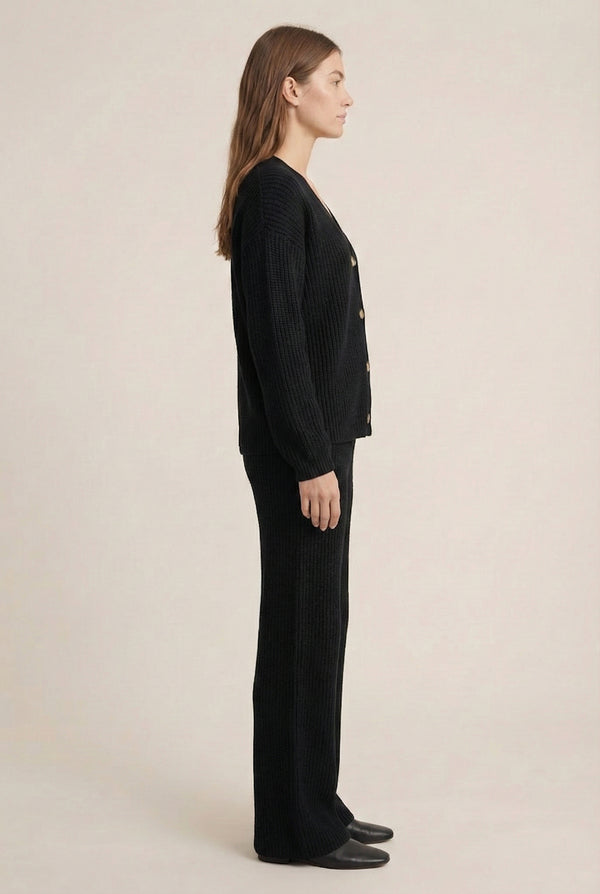 LOHNR The Anura Set in Raven, a premium smooth sweatshirt lounge set featuring a deep V-neck cardigan and wide-leg pants
