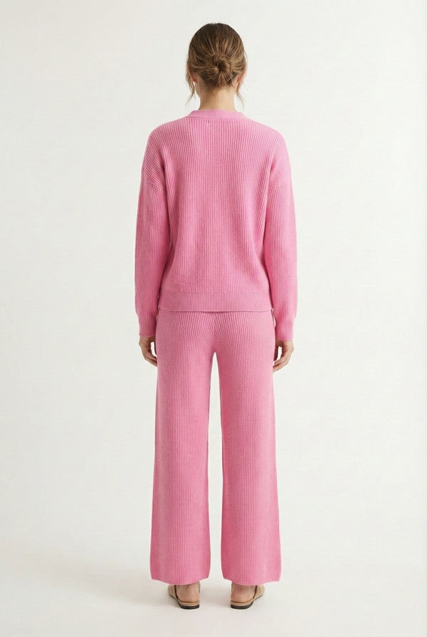 LOHNR The Anura Set in Rosé, a premium smooth sweatshirt lounge set featuring a deep V-neck cardigan and wide-leg pants