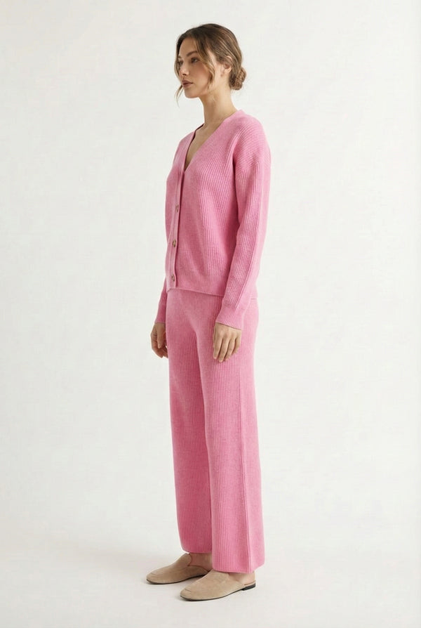 LOHNR The Anura Set in Rosé, a premium smooth sweatshirt lounge set featuring a deep V-neck cardigan and wide-leg pants