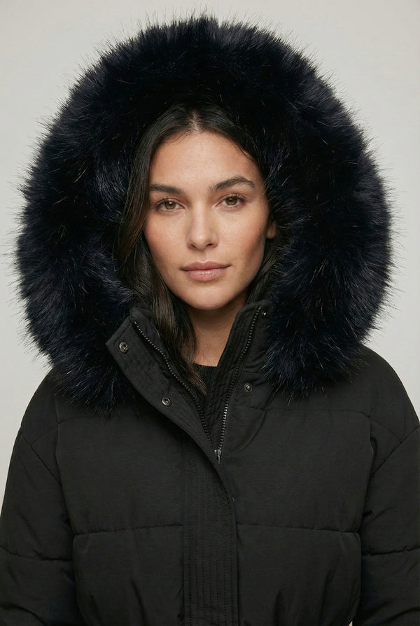 LOHNR Aspen Belted Puffer Jacket in Onyx, featuring a tailored waist and faux fur hood