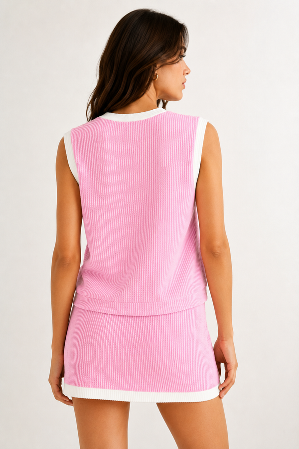 LOHNR Bound Rib Set in Sorbet. A structured soft pink sleeveless knit top and matching asymmetric skirt, finished with precision contrast white binding.