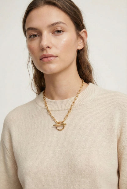 LOHNR The Uniform Chain in Brushed Gold. A premium 18k gold plated paperclip choker necklace featuring a clean toggle closure.