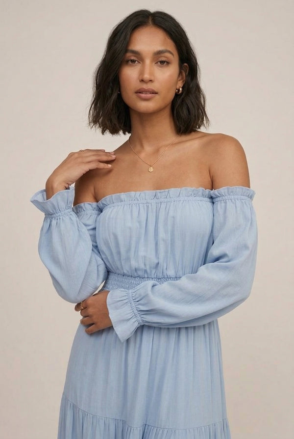 LOHNR Calypso Tiered Dress in Ashen Blue - Off-the-shoulder maxi dress