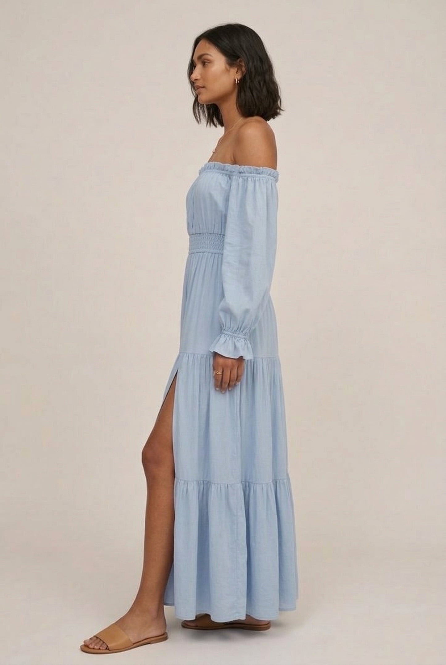 LOHNR Calypso Tiered Dress in Ashen Blue - Off-the-shoulder maxi dress