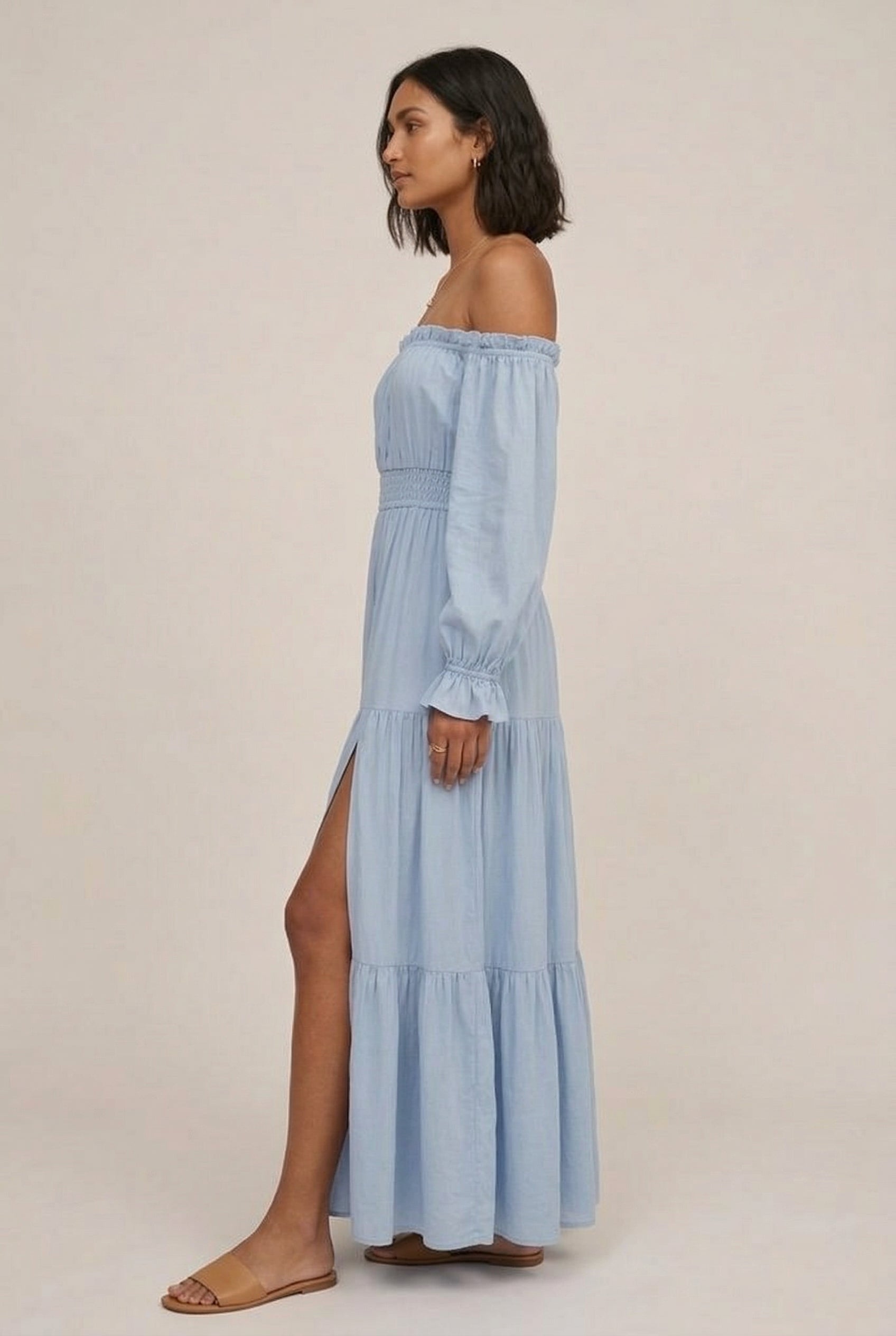 LOHNR Calypso Tiered Dress in Ashen Blue - Off-the-shoulder maxi dress