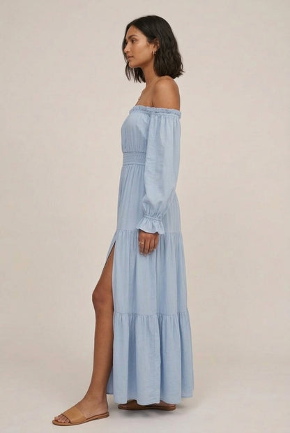 LOHNR Calypso Tiered Dress in Ashen Blue - Off-the-shoulder maxi dress