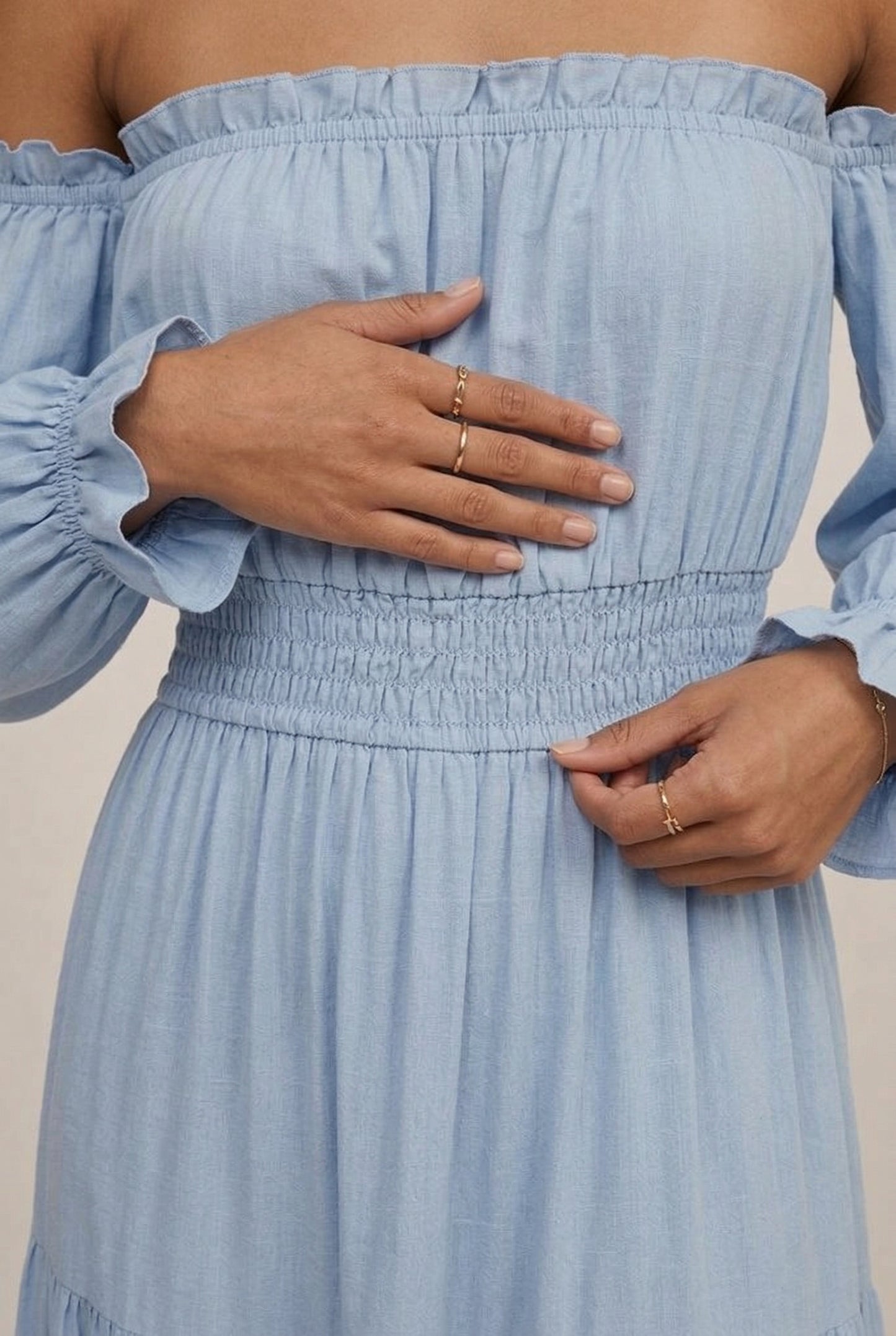 LOHNR Calypso Tiered Dress in Ashen Blue - Off-the-shoulder maxi dress