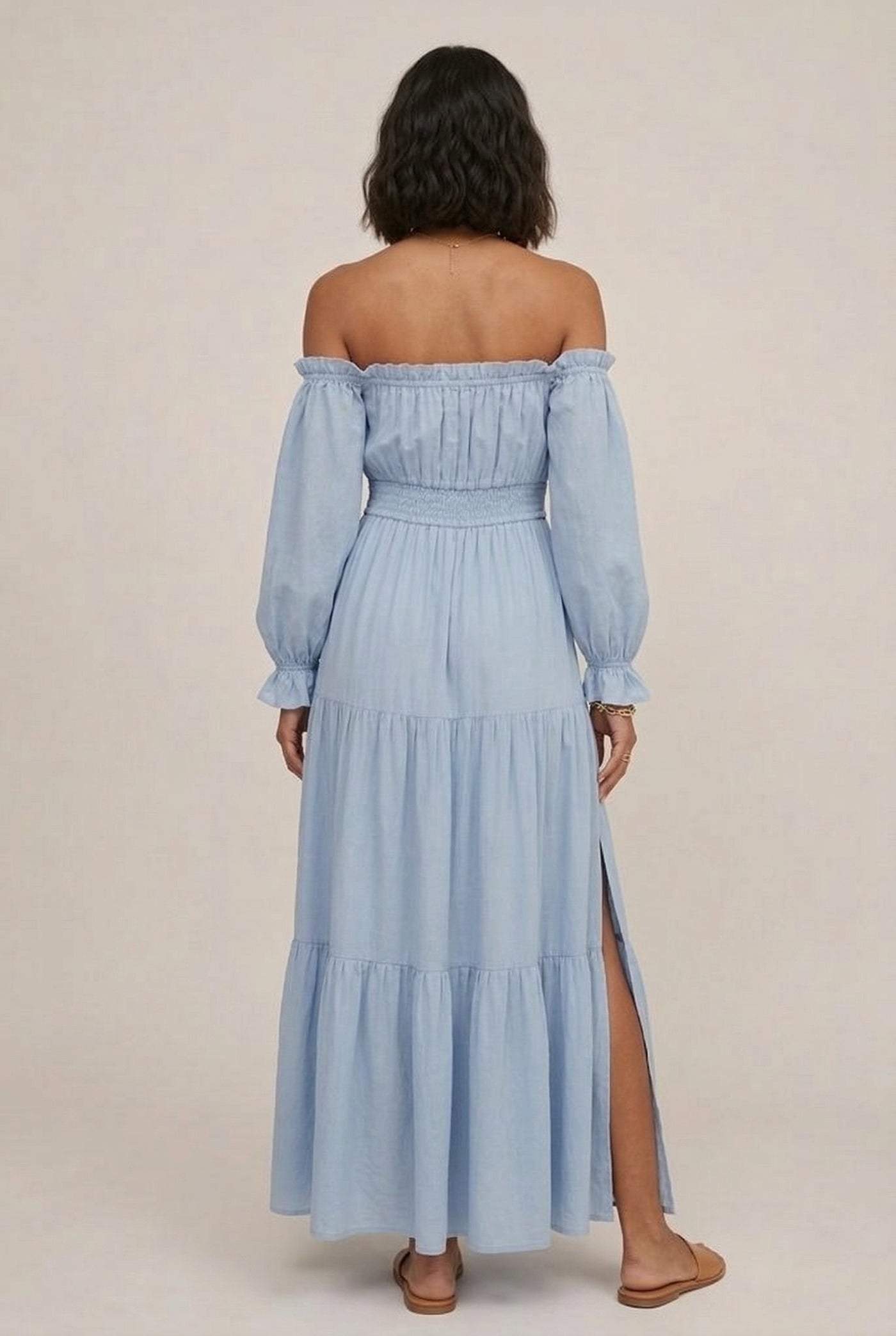 LOHNR Calypso Tiered Dress in Ashen Blue - Off-the-shoulder maxi dress