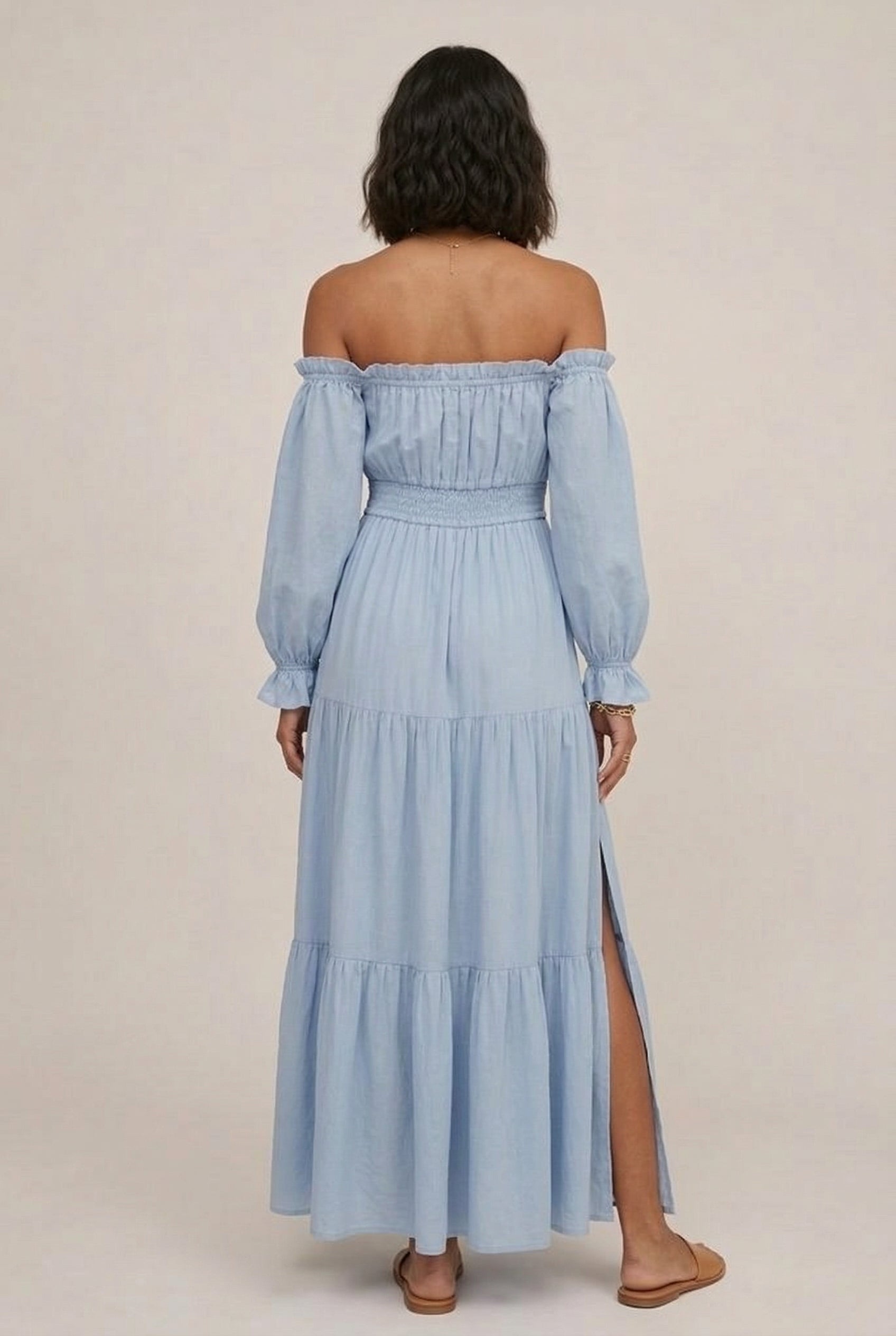 LOHNR Calypso Tiered Dress in Ashen Blue - Off-the-shoulder maxi dress