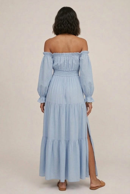 LOHNR Calypso Tiered Dress in Ashen Blue - Off-the-shoulder maxi dress