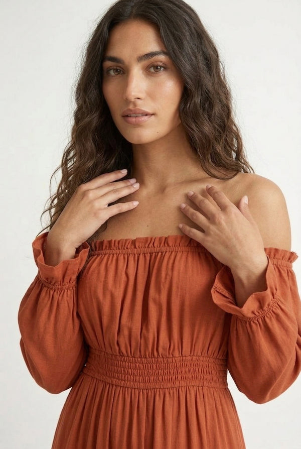 LOHNR Calypso Tiered Dress in Cognac - Off-the-shoulder maxi dress