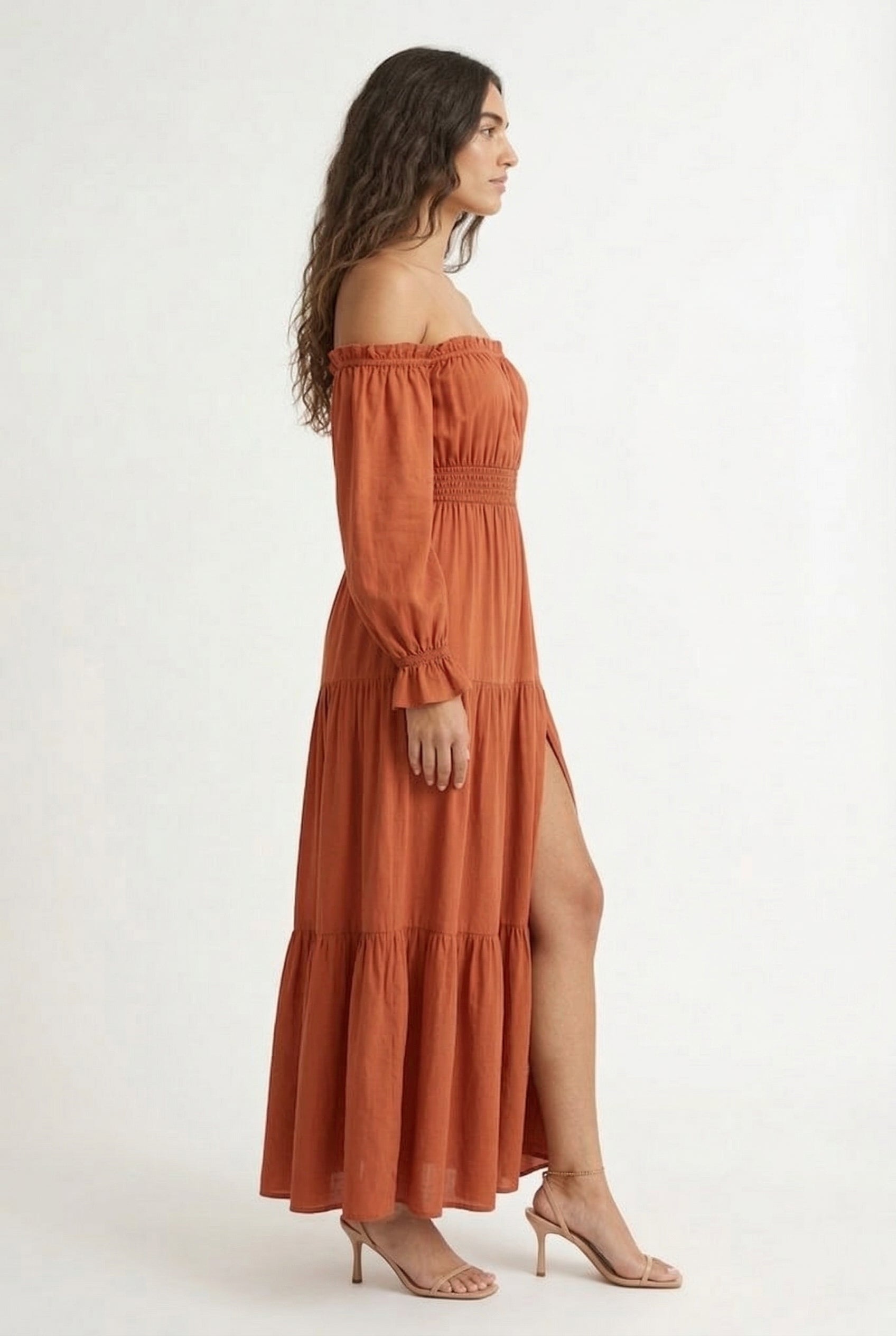 LOHNR Calypso Tiered Dress in Cognac - Off-the-shoulder maxi dress