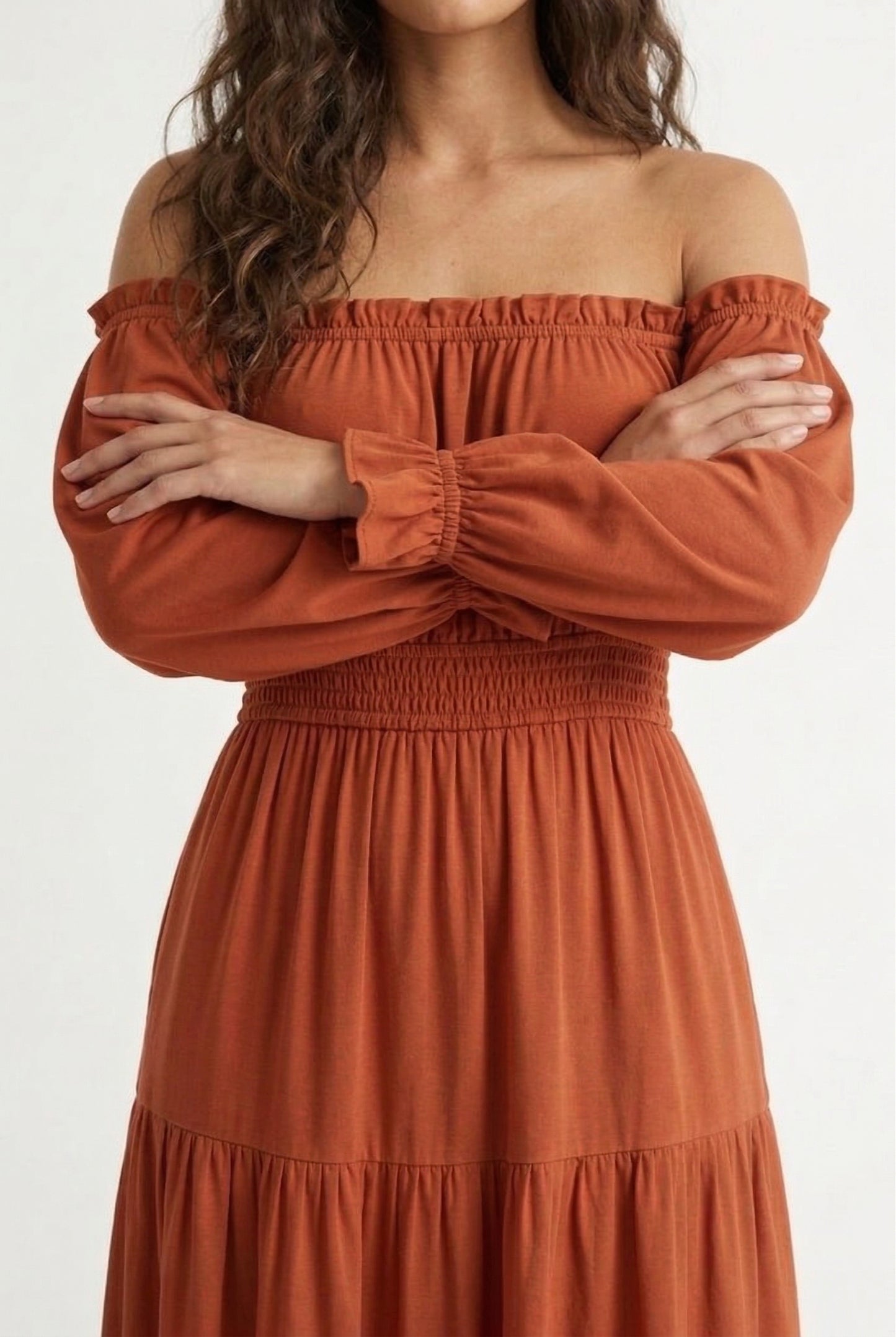 LOHNR Calypso Tiered Dress in Cognac - Off-the-shoulder maxi dress