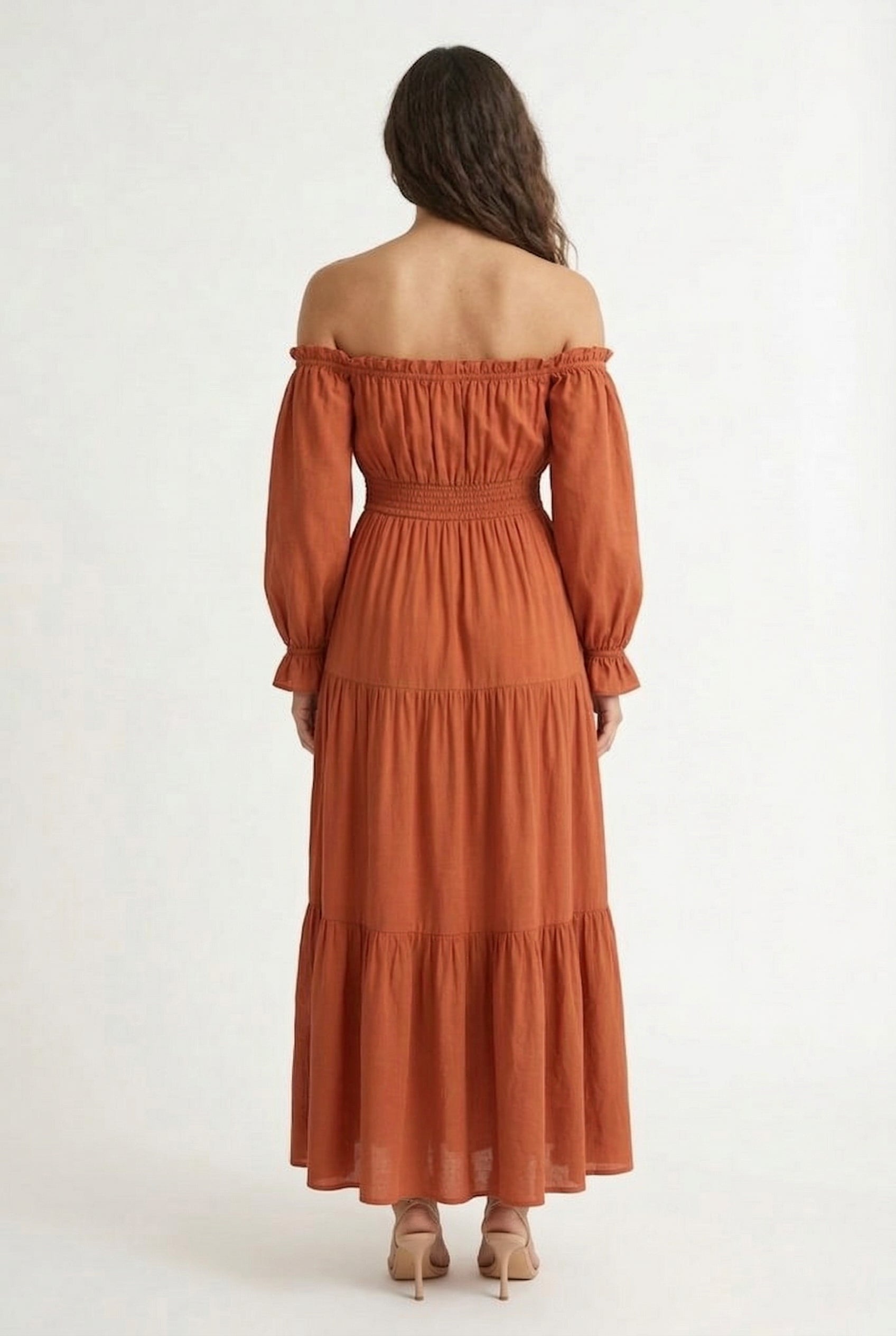 LOHNR Calypso Tiered Dress in Cognac - Off-the-shoulder maxi dress