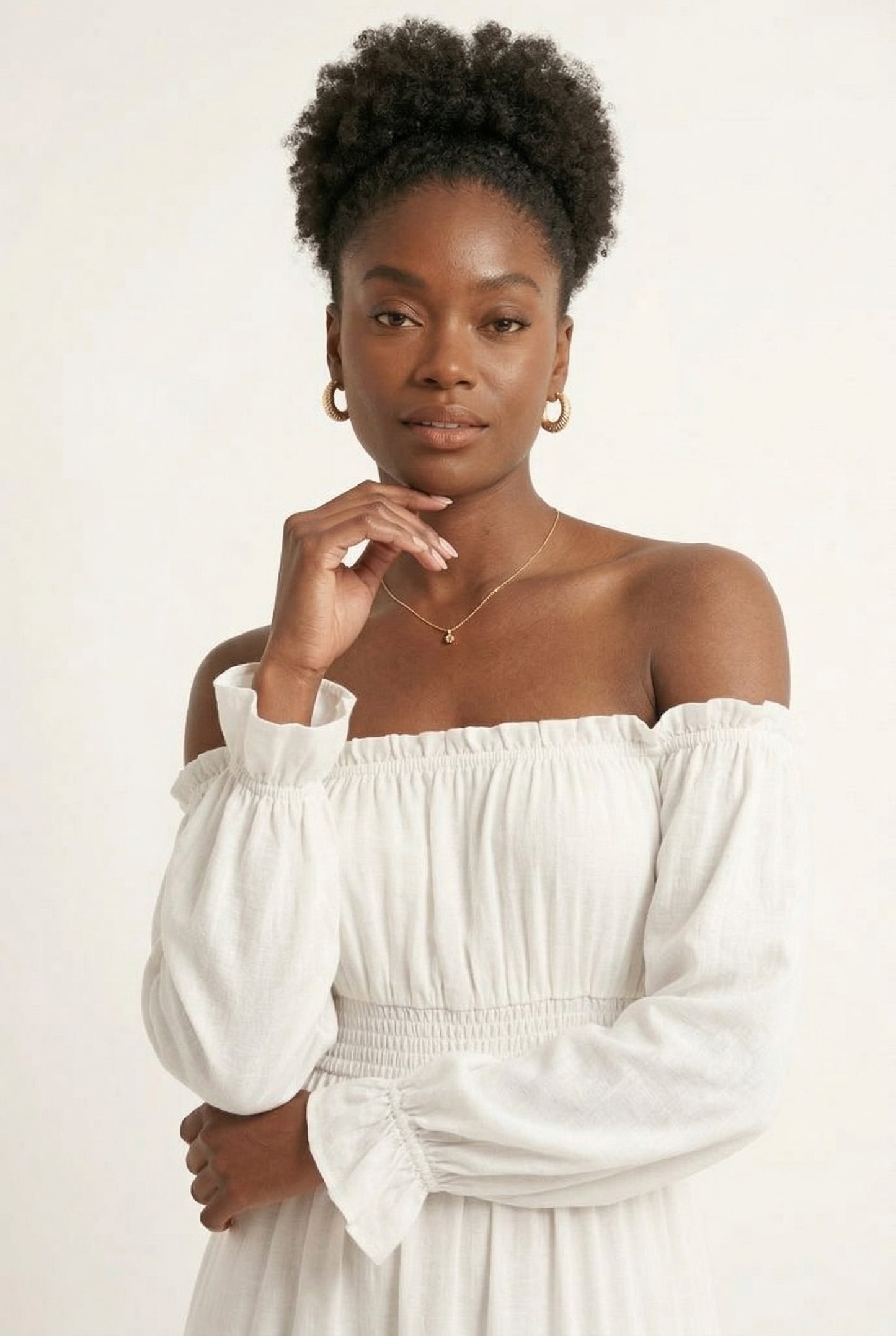 LOHNR Calypso Tiered Dress in Light Birch - Off-the-shoulder maxi dress