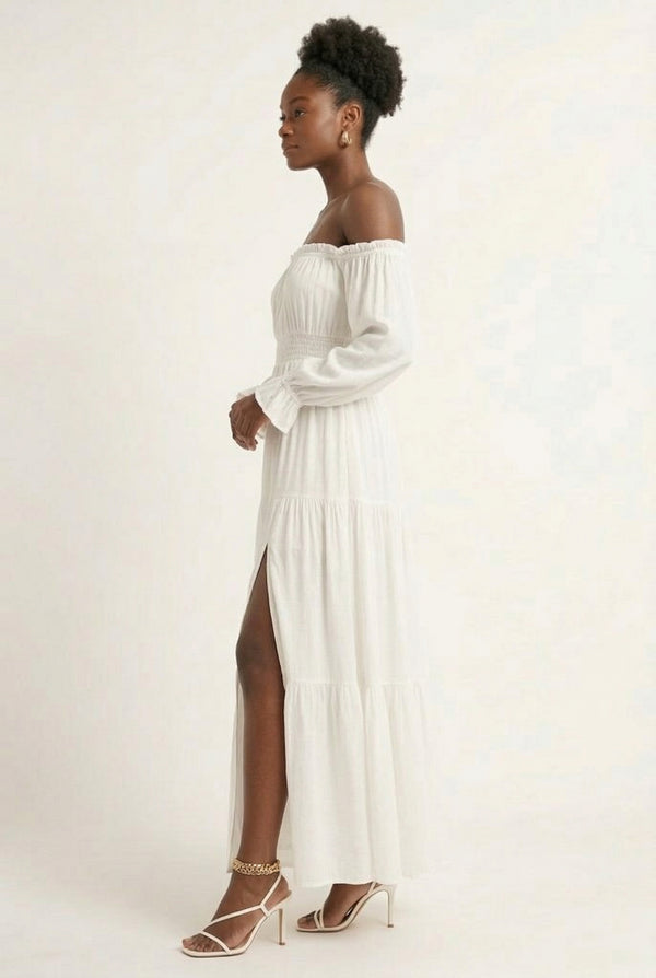 LOHNR Calypso Tiered Dress in Light Birch - Off-the-shoulder maxi dress