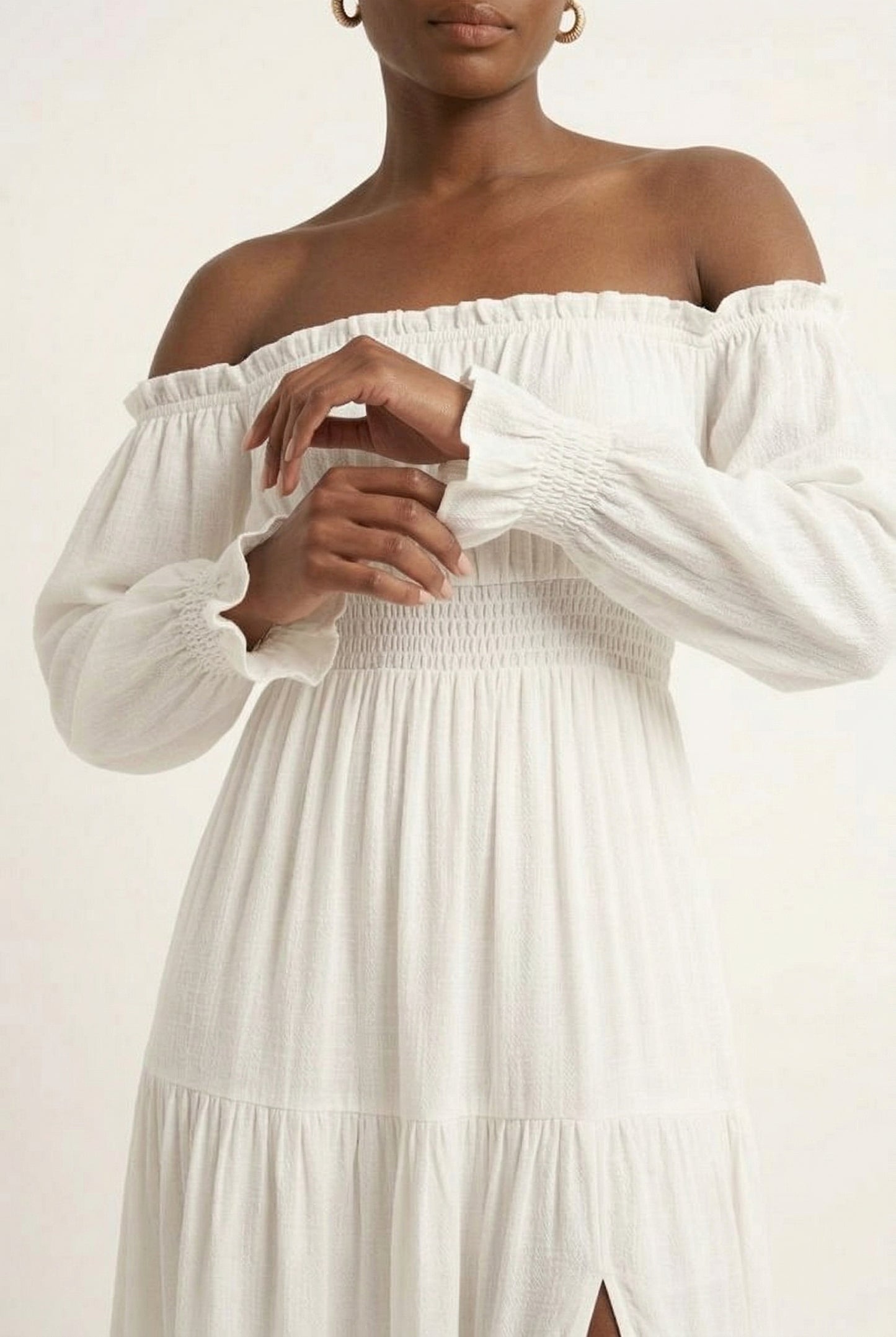 LOHNR Calypso Tiered Dress in Light Birch - Off-the-shoulder maxi dress