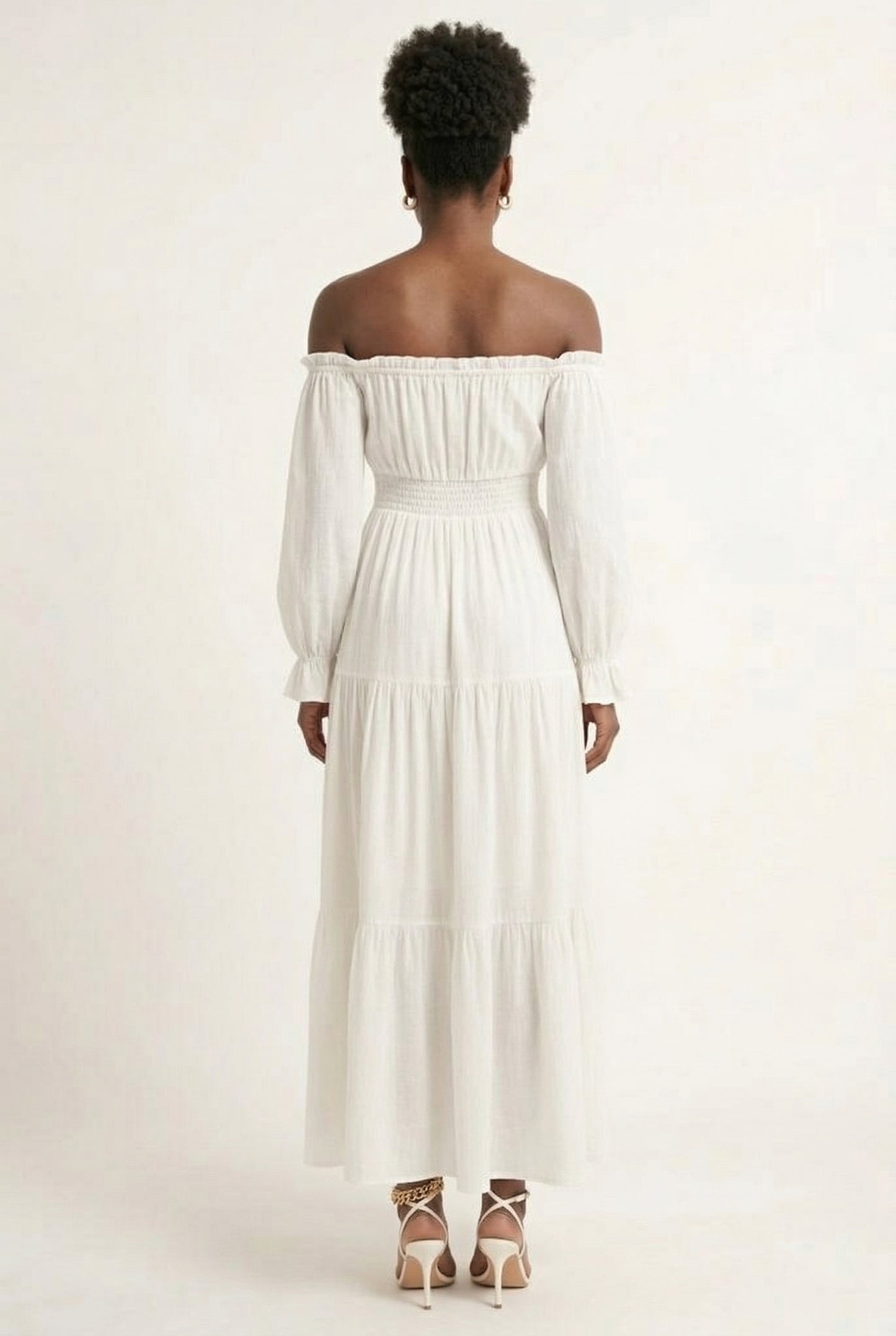 LOHNR Calypso Tiered Dress in Light Birch - Off-the-shoulder maxi dress