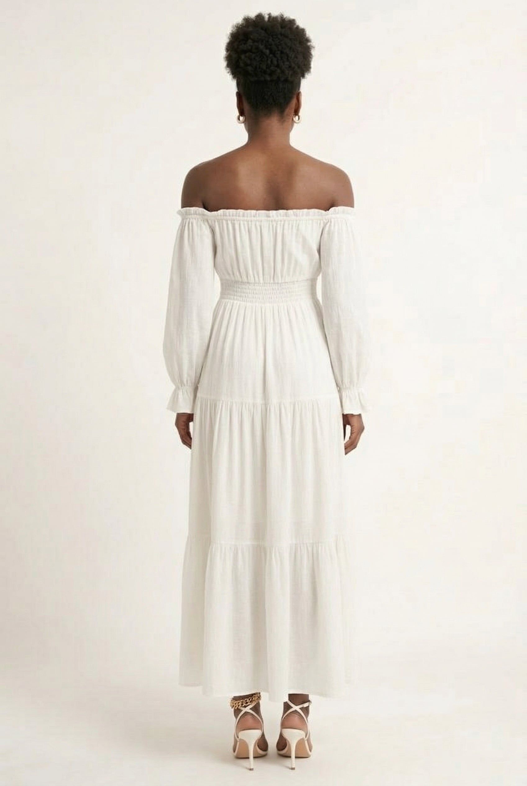 LOHNR Calypso Tiered Dress in Light Birch - Off-the-shoulder maxi dress