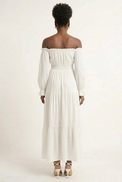LOHNR Calypso Tiered Dress in Light Birch - Off-the-shoulder maxi dress