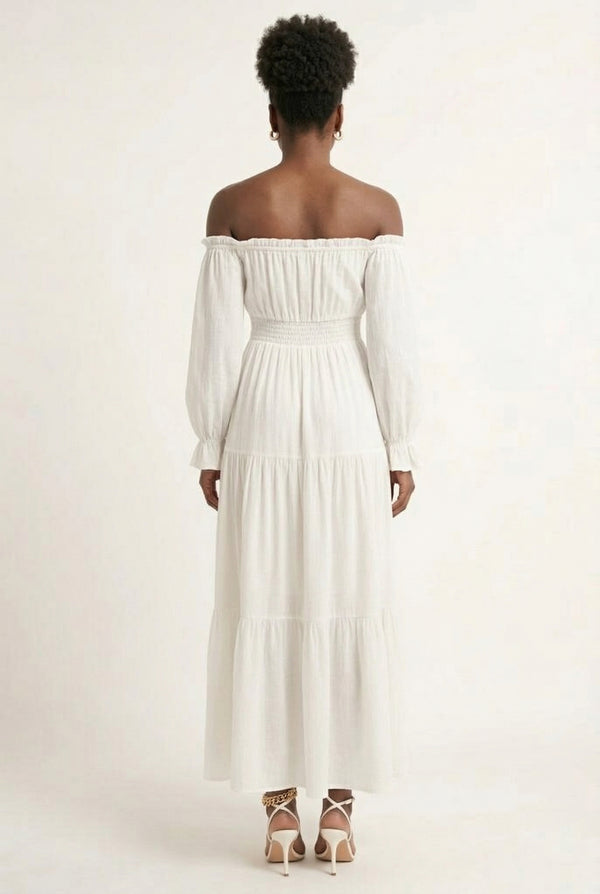 LOHNR Calypso Tiered Dress in Light Birch - Off-the-shoulder maxi dress