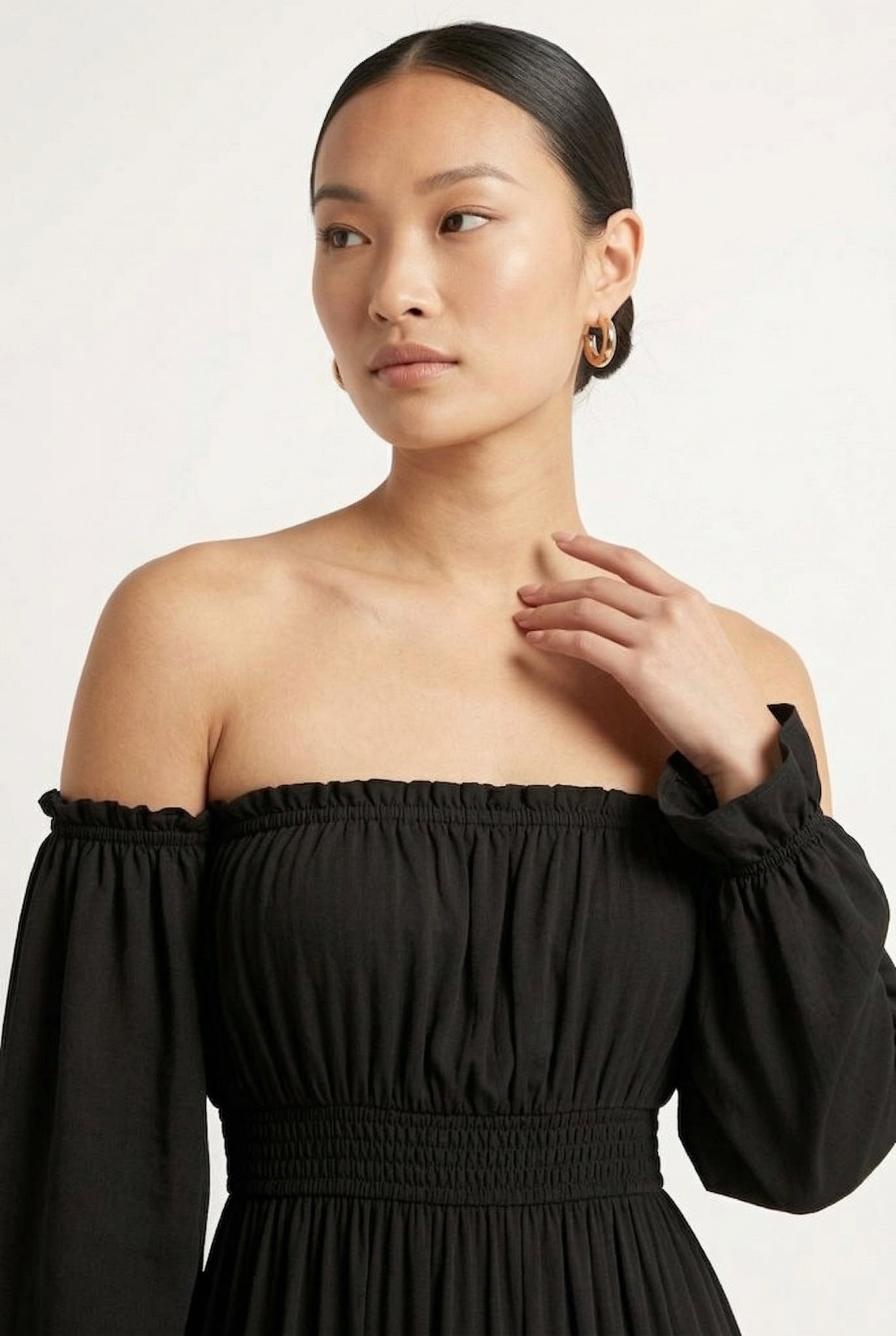 LOHNR Calypso Tiered Dress in Onyx - Off-the-shoulder maxi dress