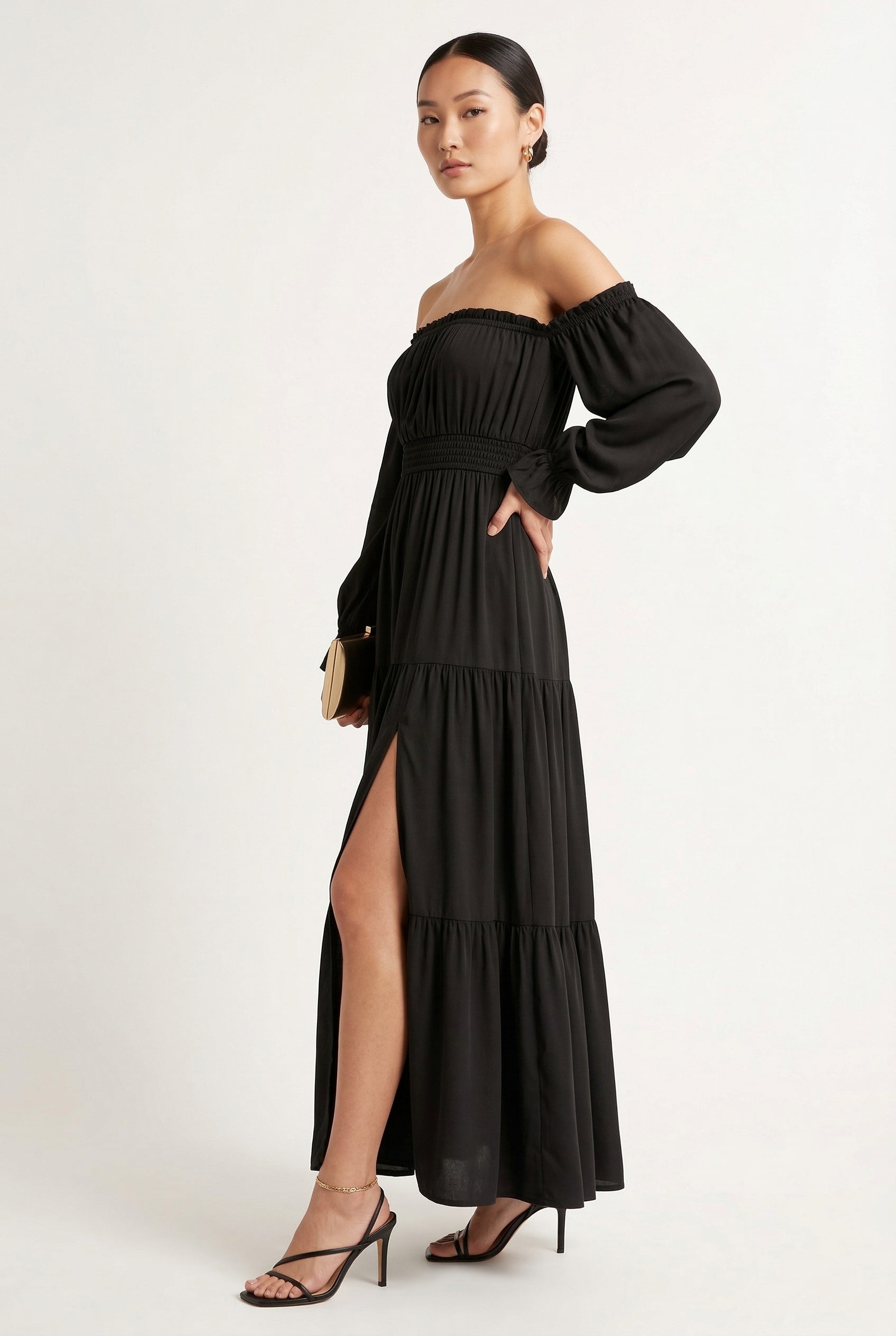 LOHNR Calypso Tiered Dress in Onyx - Off-the-shoulder maxi dress