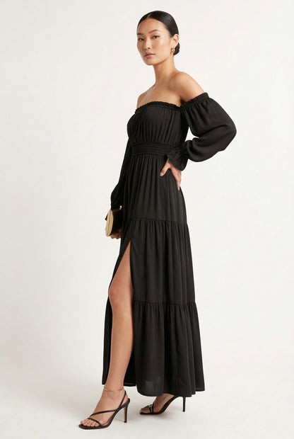 LOHNR Calypso Tiered Dress in Onyx - Off-the-shoulder maxi dress
