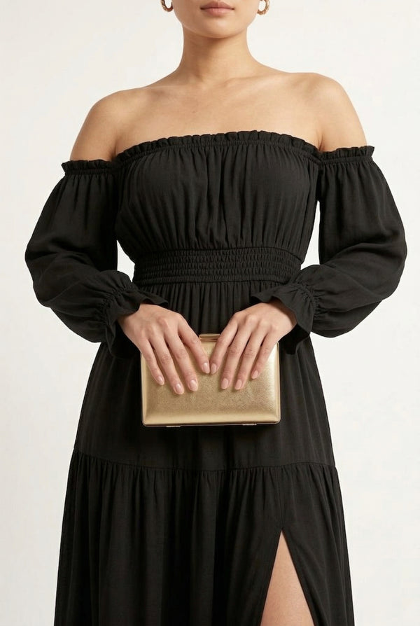 LOHNR Calypso Tiered Dress in Onyx - Off-the-shoulder maxi dress