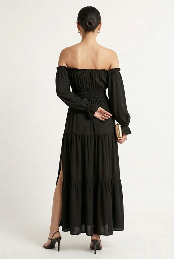 LOHNR Calypso Tiered Dress in Onyx - Off-the-shoulder maxi dress