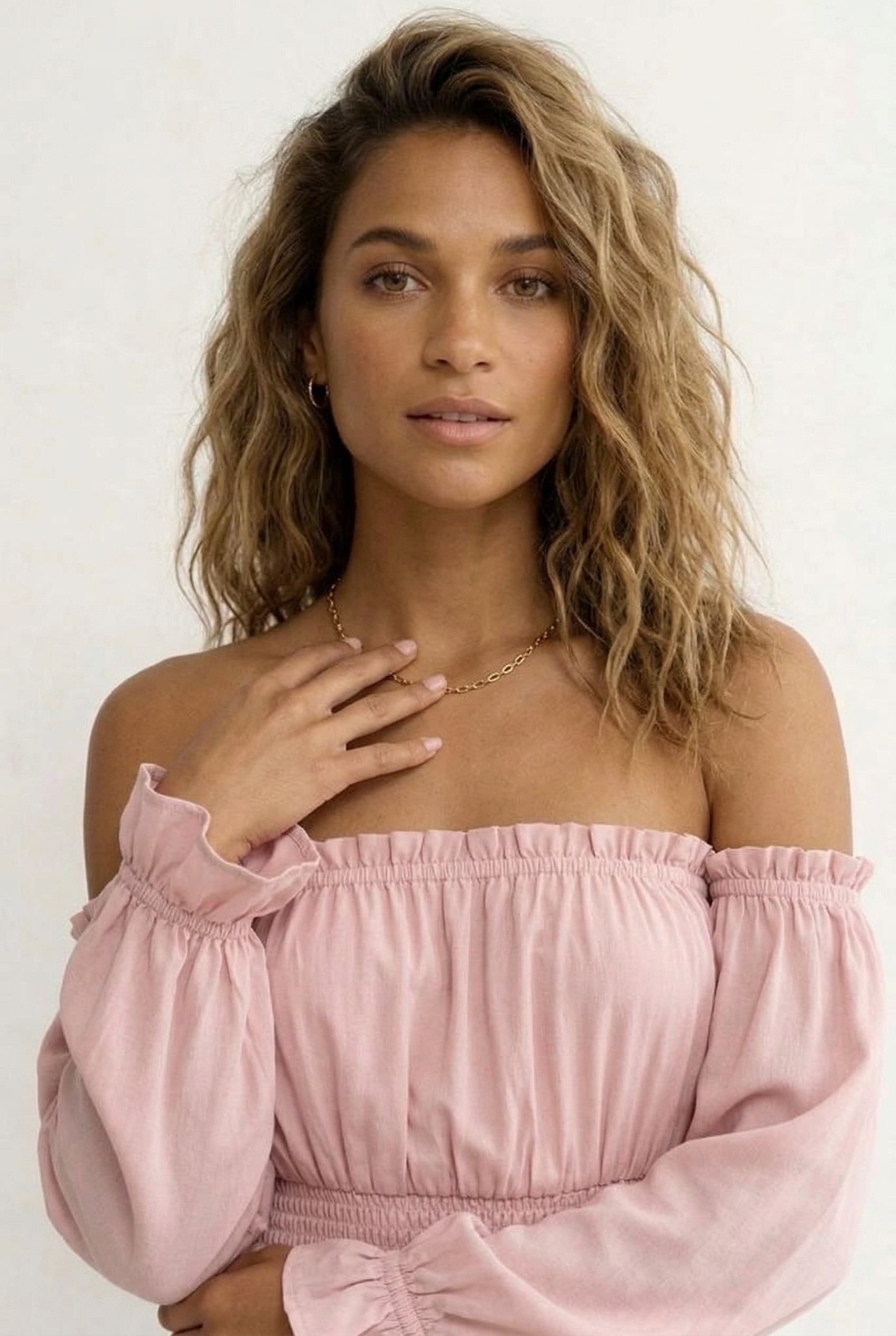 LOHNR Calypso Tiered Dress in Strawberry Puff - Off-the-shoulder maxi dress