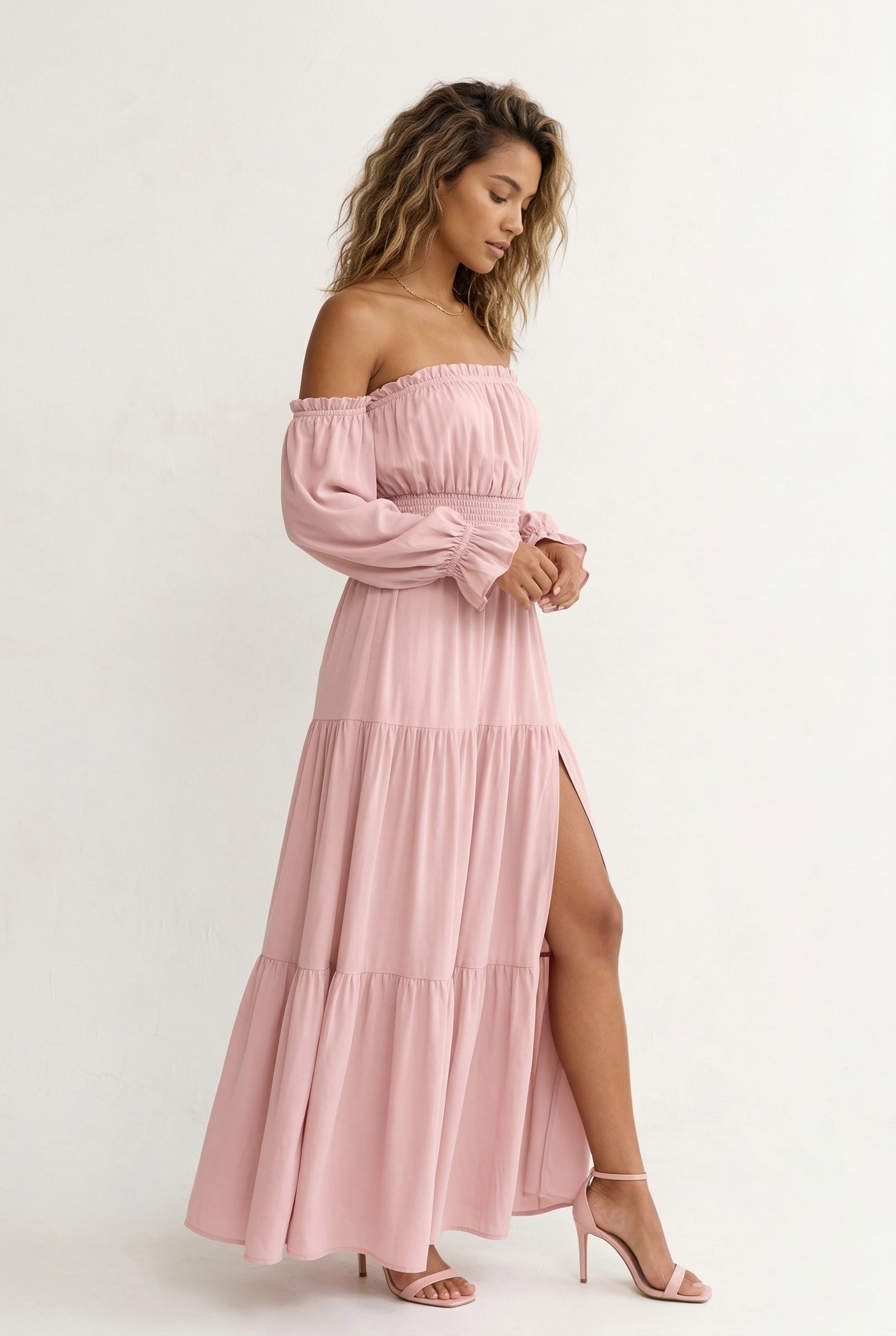 LOHNR Calypso Tiered Dress in Strawberry Puff - Off-the-shoulder maxi dress