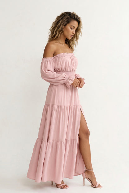 LOHNR Calypso Tiered Dress in Strawberry Puff - Off-the-shoulder maxi dress