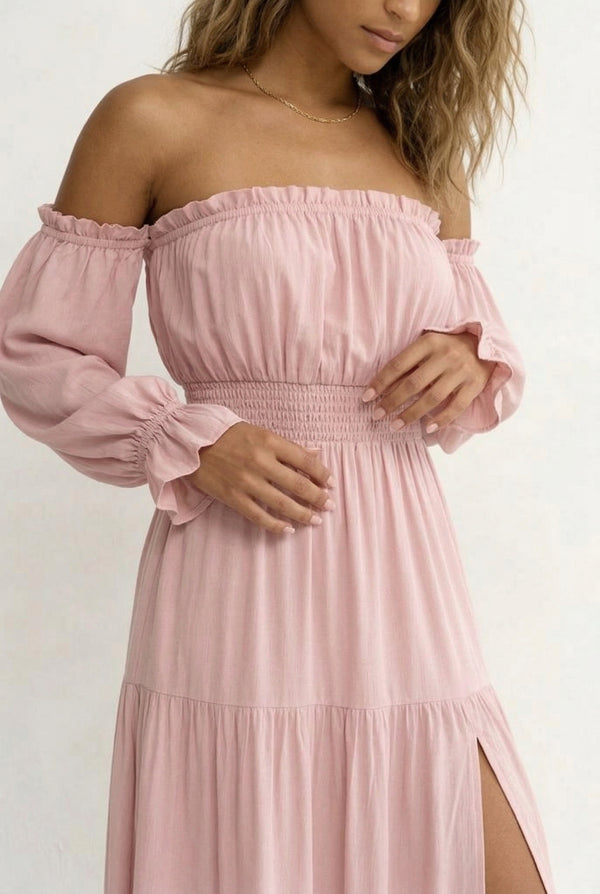 LOHNR Calypso Tiered Dress in Strawberry Puff - Off-the-shoulder maxi dress