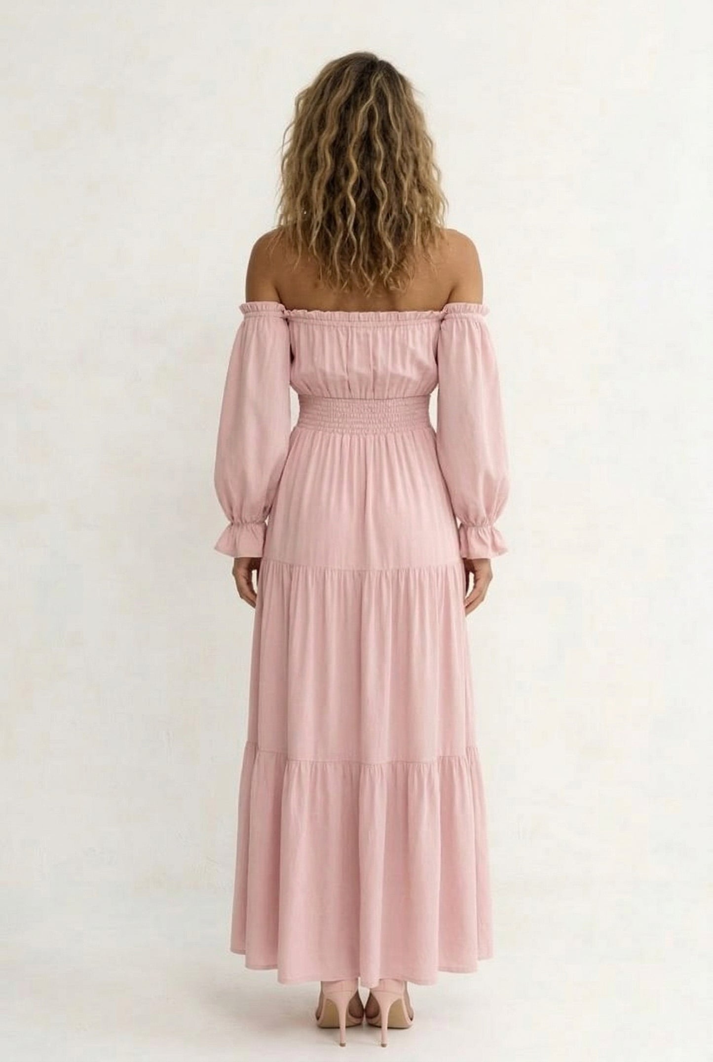 LOHNR Calypso Tiered Dress in Strawberry Puff - Off-the-shoulder maxi dress