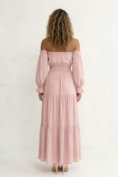 LOHNR Calypso Tiered Dress in Strawberry Puff - Off-the-shoulder maxi dress