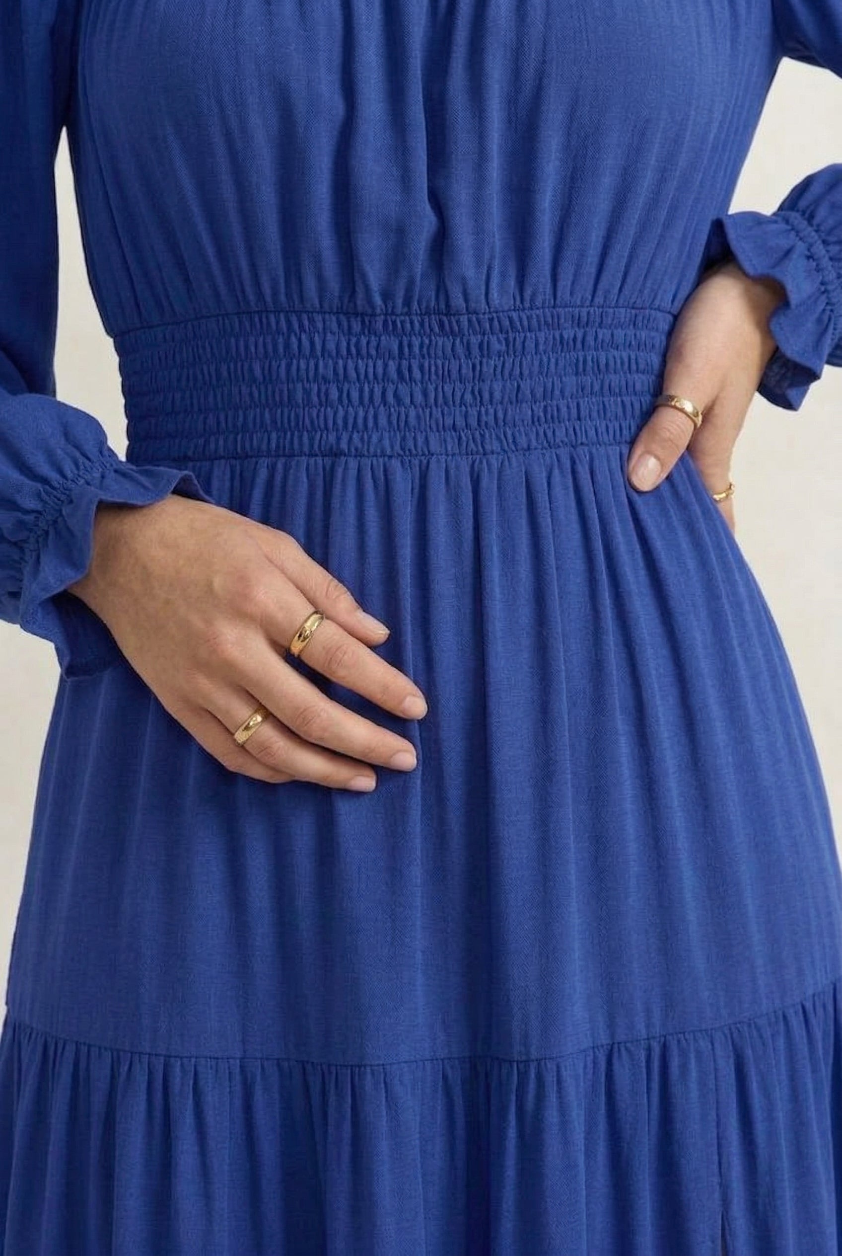 LOHNR Calypso Tiered Dress in Vital Blue - Off-the-shoulder maxi dress