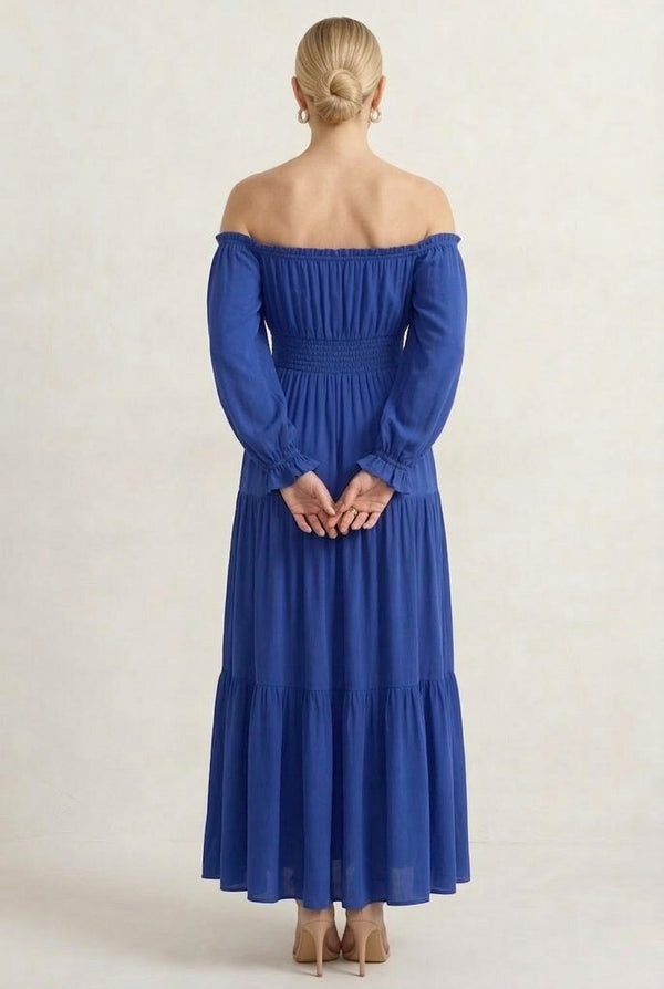 LOHNR Calypso Tiered Dress in Vital Blue - Off-the-shoulder maxi dress