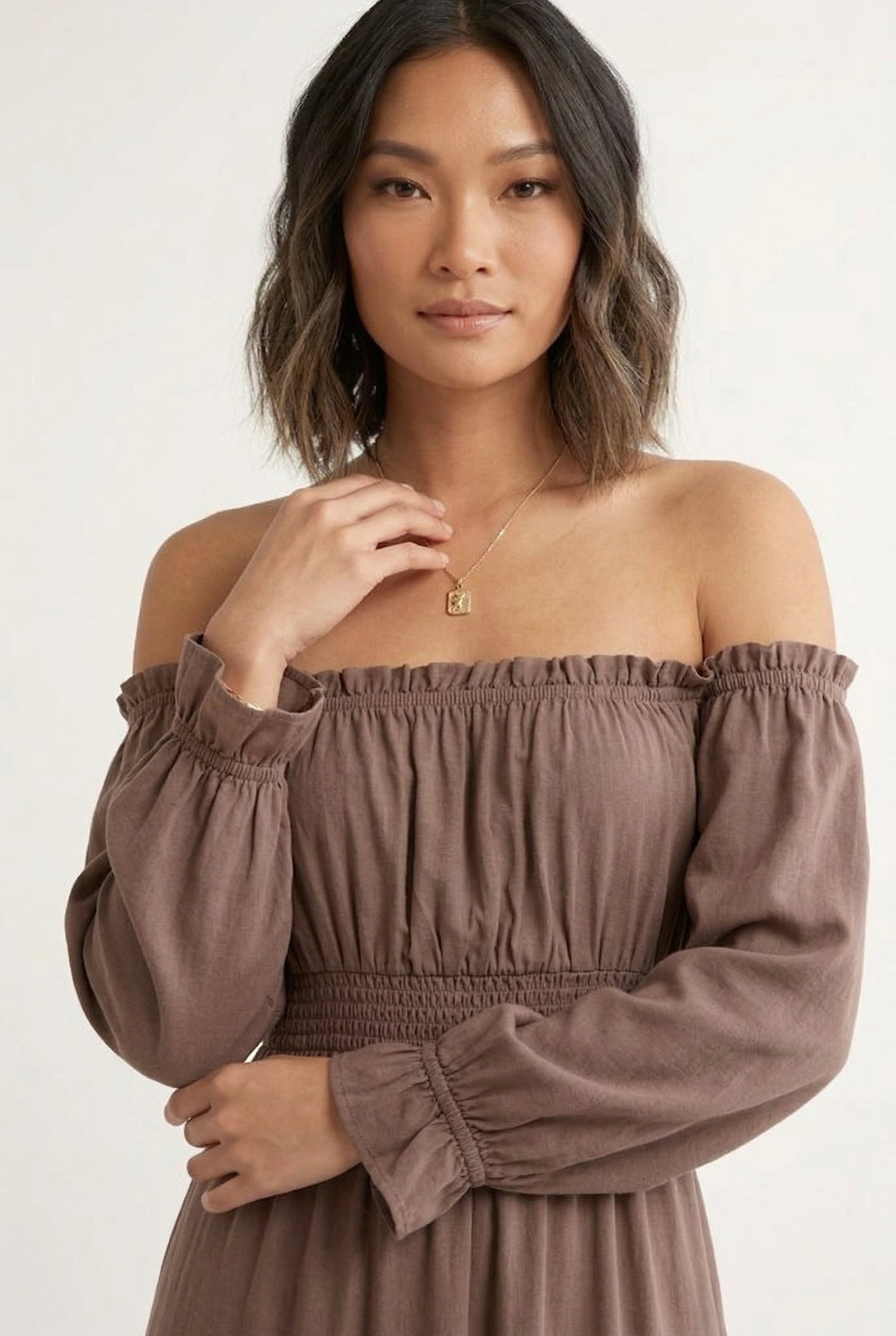 LOHNR Calypso Tiered Dress in Warm Taupe - Off-the-shoulder maxi dress