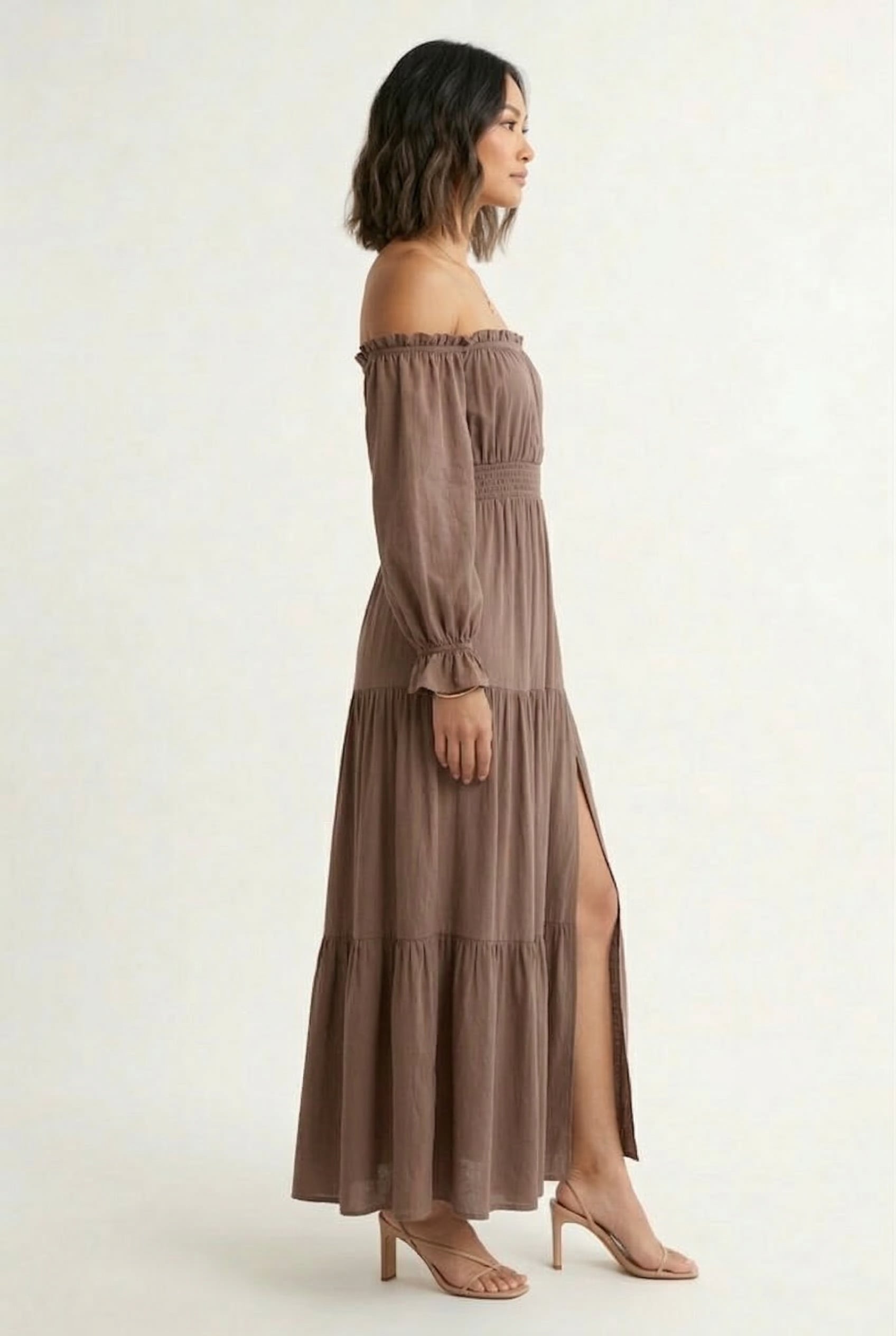 LOHNR Calypso Tiered Dress in Warm Taupe - Off-the-shoulder maxi dress