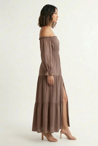 LOHNR Calypso Tiered Dress in Warm Taupe - Off-the-shoulder maxi dress