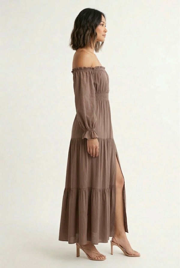 LOHNR Calypso Tiered Dress in Warm Taupe - Off-the-shoulder maxi dress