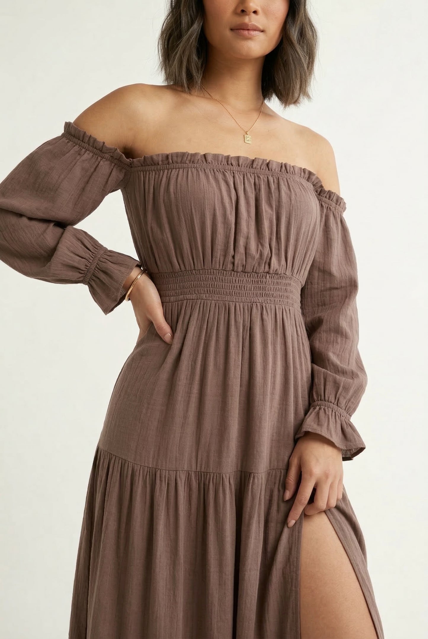 LOHNR Calypso Tiered Dress in Warm Taupe - Off-the-shoulder maxi dress